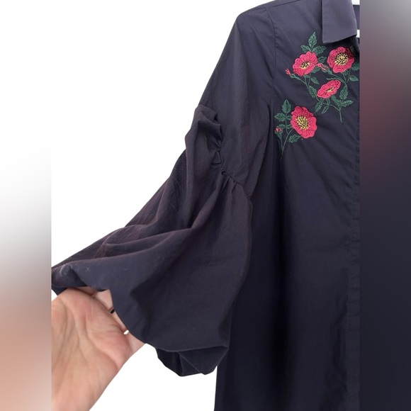 Zara floral embroidery dark blue tunic mini dress, S, statement ballon sleeves - Picture 6 of 9